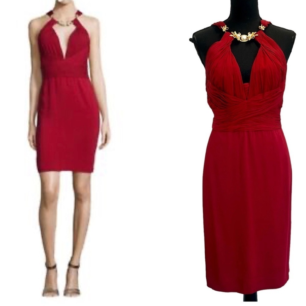 ROBERTO Cavalli red ruched faux pearl halter mini bodycon cocktail dress Sz 44